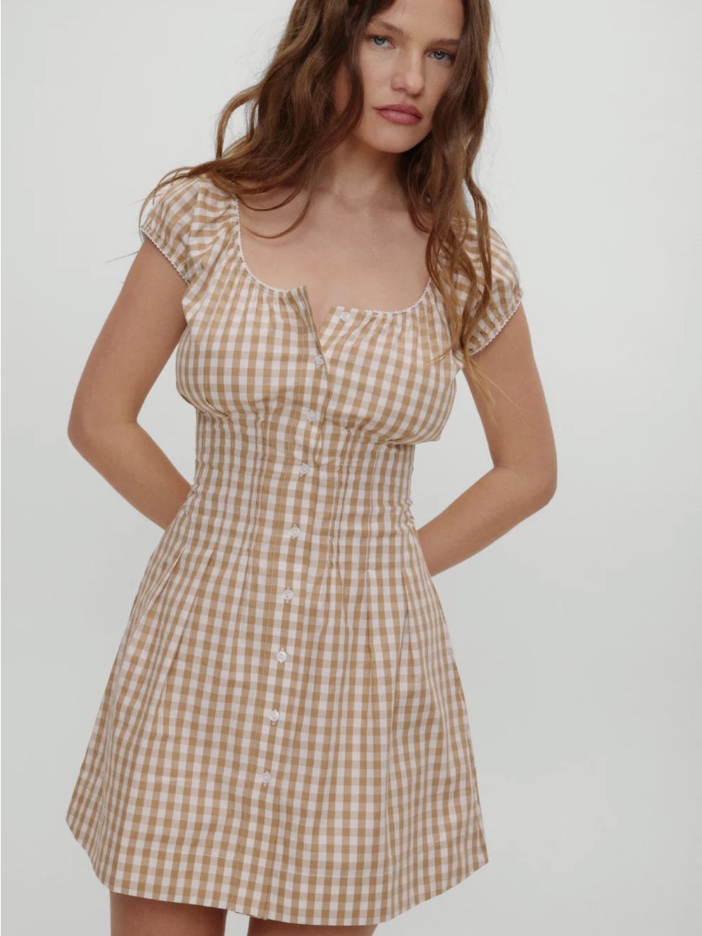 Frankie's Bikinis Beige and White Gingham Mini Dress